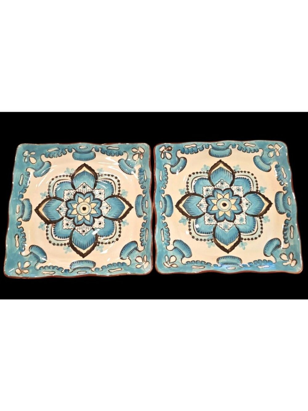 Set/2 Italian Blue & Green Ceramic Square Plates Hand-Painted Floral 8.5 x 8.5"
